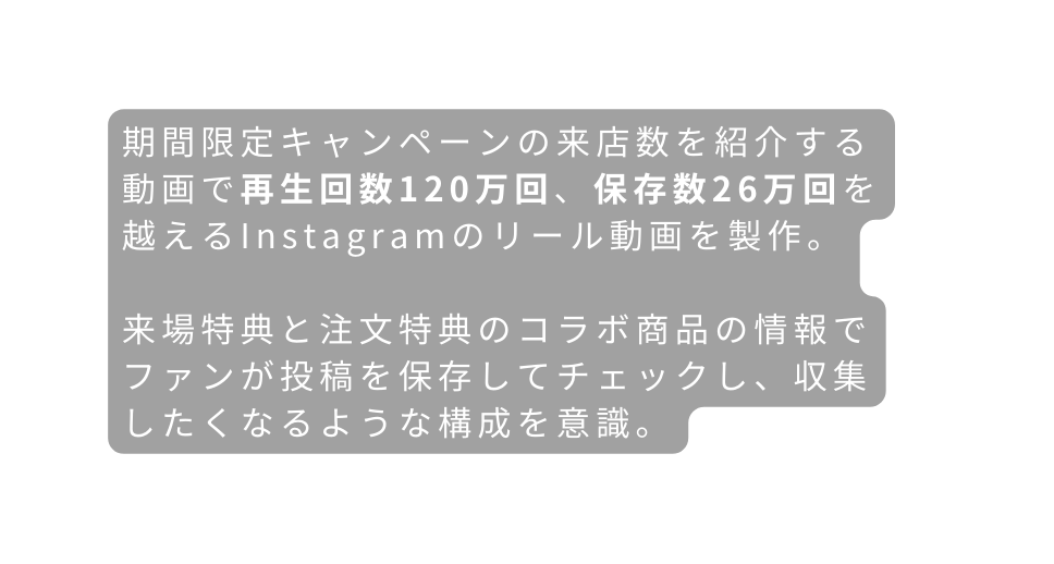 期間限定キャンペーンの来店数を紹介する 動画で再生回数120万回 保存数26万回を 越えるInstagramのリール動画を製作 来場特典と注文特典のコラボ商品の情報で ファンが投稿を保存してチェックし 収集 したくなるような構成を意識